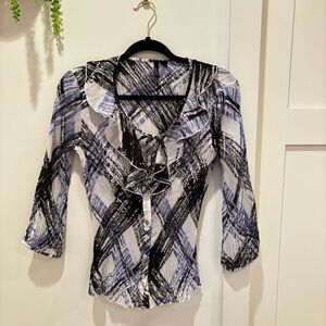 Essentials by Milano Euro Whimsy Fairy Button Up Women's Top Blue Black Ruffle M